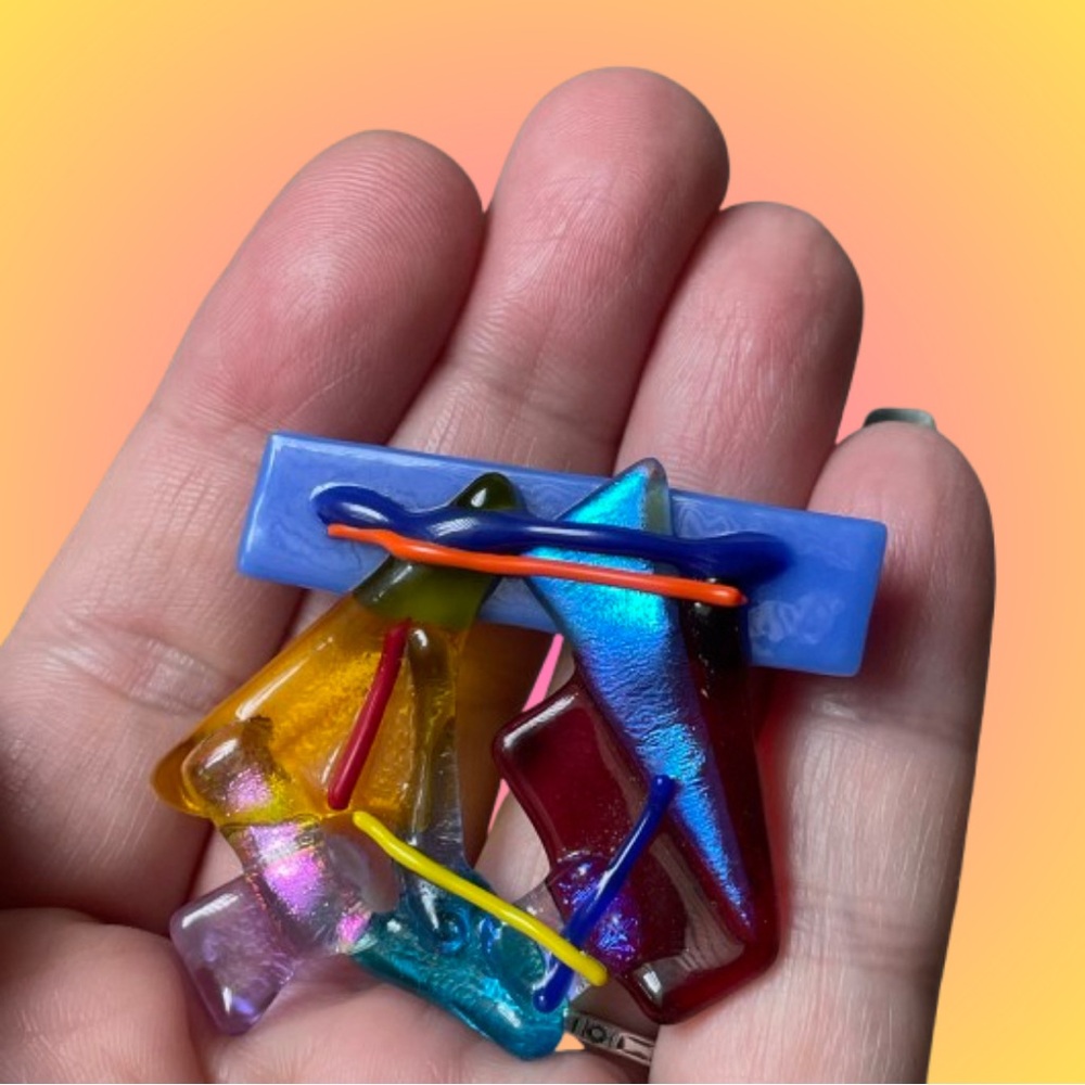 Signed vintage colorful fused art glass brooch ‘80s ‘90s - Picture 2 of 12